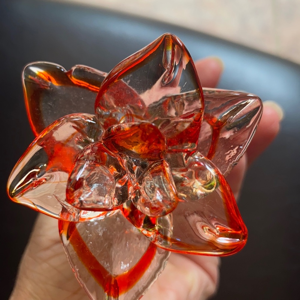 Art Glass Flower Red Clear with Green Glass Stem